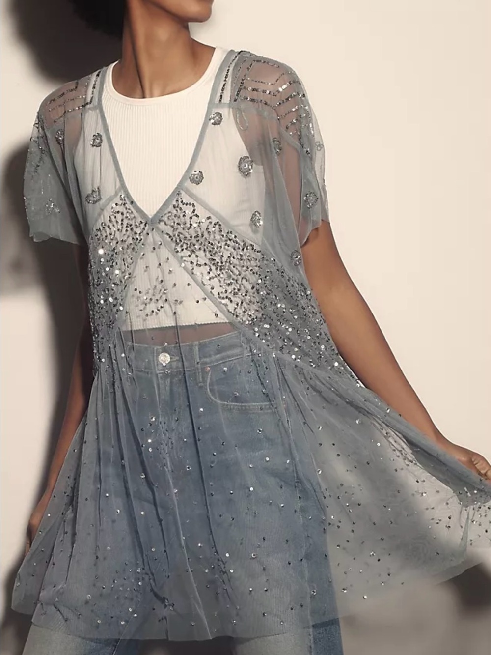 By Anthropologie Sheer Sequin Embellished Tunic size Large